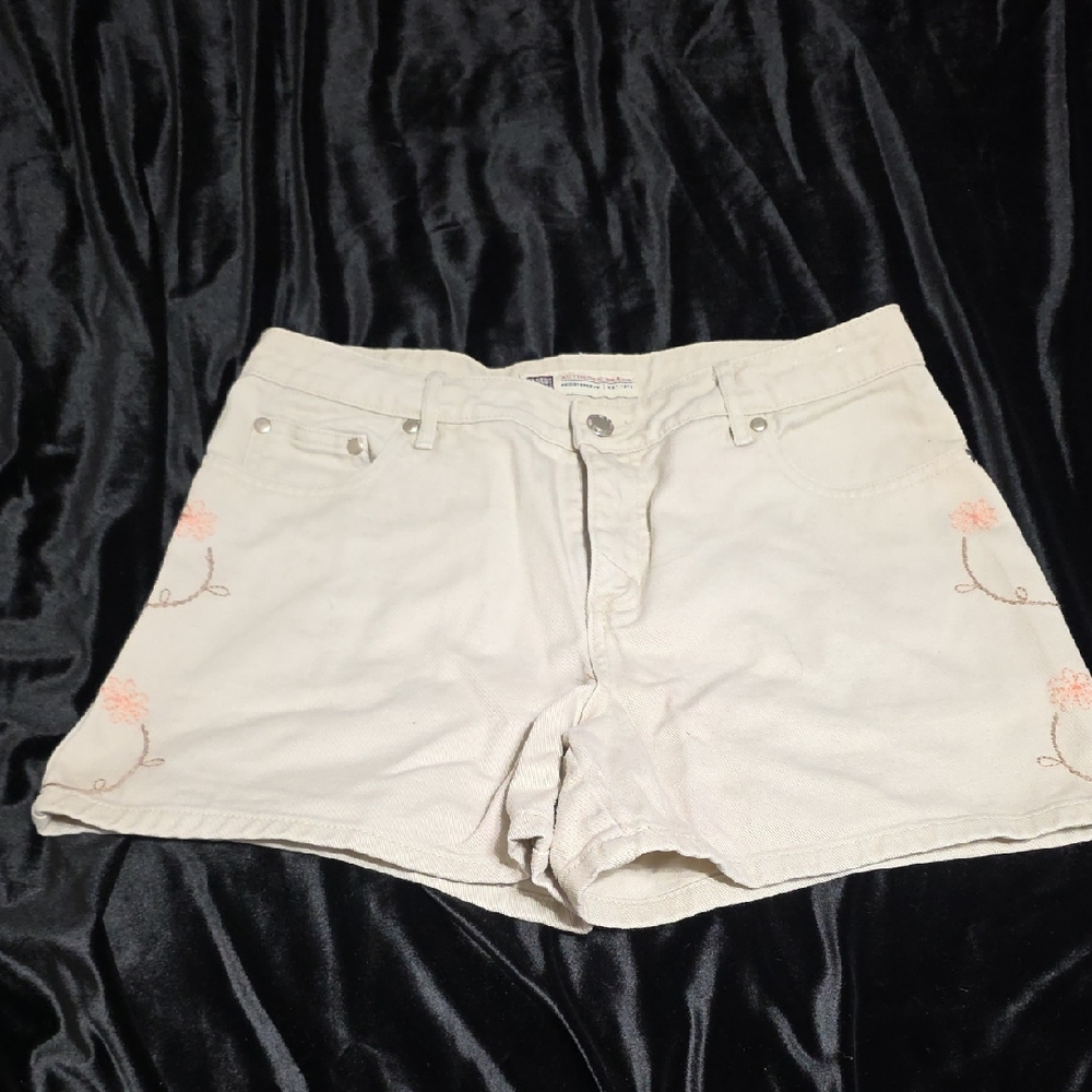 Faded Glory Cream Jean Shorts with Pink Floral Design